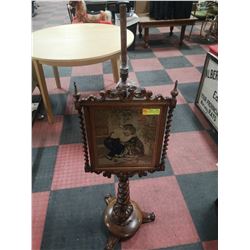 ANTIQUE HAND CARVED WOOD STAND WITH PICTURE