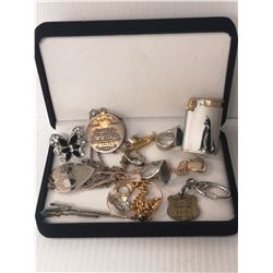 TREASURE CASE WITH ASSORTED JEWELRY AND BADGES