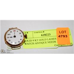 SOLID 9 KT GOLD LADIES WRIST WATCH ANTIQUE NEEDS