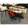 Image 1 : SIMON 18"W X 57"L X 30"H WOODEN INLAID CONSOLE TABLE WITH RED MOBILE CHAIR, DECOR ITEMS & FAUX