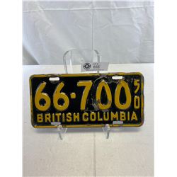 Nice Condition 1950 British Columbia License Plate