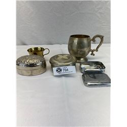 Nice Vintage Collectible Lot, Brass Tea Cup, Puter Mug, Trinket Box Plus Medical Box With 15 Hypoder