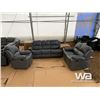 Image 1 : GREY RECLINING SOFA, LOVE SEAT, & CHAIR