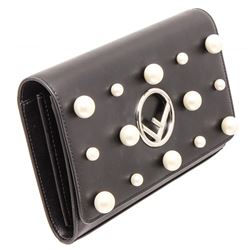 Fendi Black Leather Pearl Flap Clutch