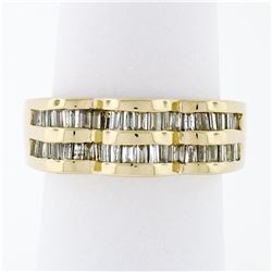 14k Yellow Gold .95 ctw Baguette Cut Diamond Wavy Grooved Dual Row Band Ring