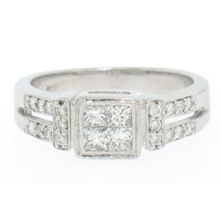 Modern 18k White Gold Princess & Pave Diamond Band Ring in Invisible Setting