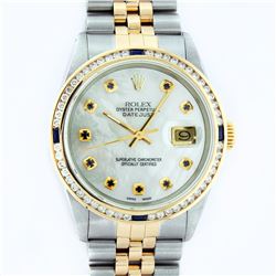 Rolex Mens 2 Tone MOP Sapphire Diamond Channel Set Datejust Wristwatch