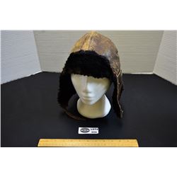 WWII Era Leather Bomber Cap with Fur Lining and Chin Strap