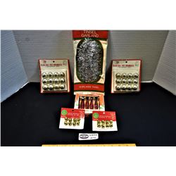 Lot of 3 Vintage Mini Glass Ornaments,2 Mini Bells on Cards and 1 Box of  Garland