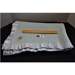 Vintage Kenwood Wool Baby Blue Crib Blanket with Satin Edging