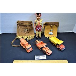 Lot of Lesney Matchbox King Size Toya, 2 Leather Beaded Bags and 1 Celluloid Doll