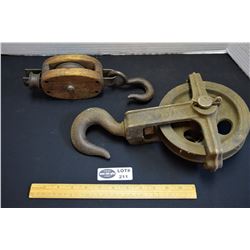 Lot of 2 Antique Pulleys 1 Lrg Metal and 1 Sm Wood