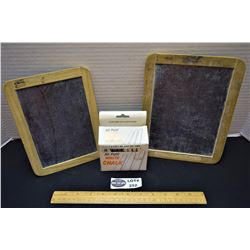 Lot of 2 Antique School Slate Chalkboards and Box of Chalk