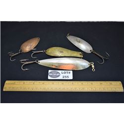 Lot of 4 Vintage Metal Spoon Lures includes Gibbs Toronto Wobbler#4 and Williams Warbler