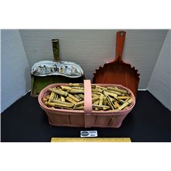 Lot of 2 Vintage Metal Dustpans and Painted Apple Basket Filled with Vintage Clothespins
