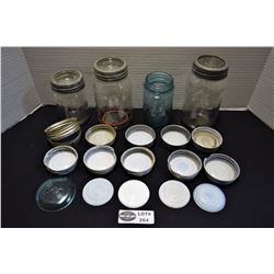 Lot of 4 Vintage Glass Mason Jars and Zinc Lids with Milkglass Liners