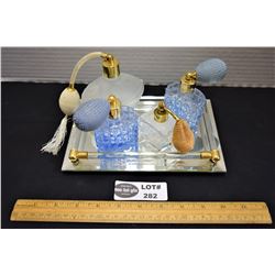 Lot of 4 Vintage Perfume Decanters with Atomizers on a Glass Tray