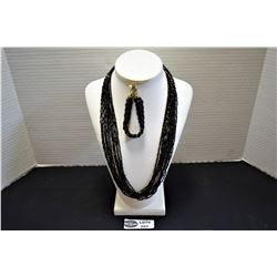 Black and Gold Mult-Strand Seed Bead Necklace with Matching Braided Bracelet