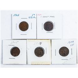 Group of (5) USA Indian Head Pennies - 1900, 1902, 1904, 1915, 1917