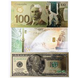 Lot (3) .24kt Gold and Gold Leaf Note Note. Includes Note with .999 Fine Gold Bar.