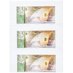 Group of (3) 999 Fine Pure 24kt Gold Bars, Inset on Cash Gold Note