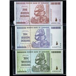 Group of (3) Reserve Bank of Zimbabwe Ten Trillion, 5 and 10 Billion Dollar Notes. GEM UNC with Se