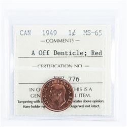 Canada 1949 1 Cent - A Off Denticle Red. ICCS