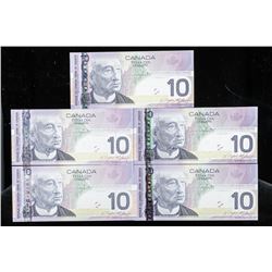 Group of (5) Bank of Canada 2008 10.00 GEM UNC - 5 In Sequence