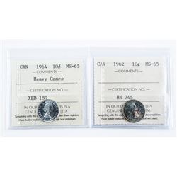 Lot (2) Canada Silver 10 Cent. MS65 - 1962 and 1964 (Cameo) ICCS