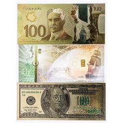 Group of (3) 24kt Gold Leaf Novelty 100.00 Bills, Plus 24kt Gold Bar Embedded in Cash Gold