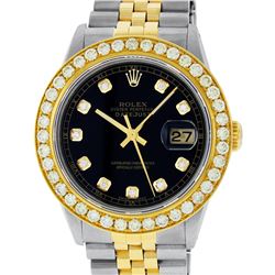 Rolex Mens 2 Tone 18K Black Diamond Oyster Perpetual Datejust Wristwatch 36MM
