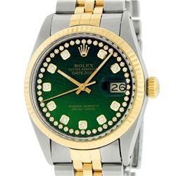 Rolex Mens 2 Tone Green String Diamond 36MM Datejust Wristwatch