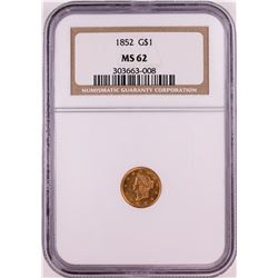 1852 T-1 $1 Gold Dollar Coin NGC MS62