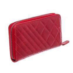 Chanel Red Quilted Leather Coco Boy Zip-Around Wallet