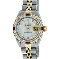 Rolex Ladies 2 Tone SS/YG MOP Diamond & Ruby Oyster Perpetual Datejust Wristwatc