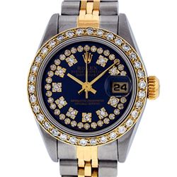 Rolex Ladies 2 Tone Quickset 18K Blue String Diamond Datejust Wristwatch