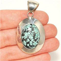 STERLING SILVER Estate GIANT TURQUOISE Pendant #1316502