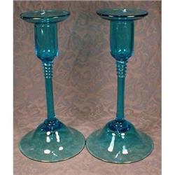 STEUBEN Glass CANDLEsticks Blue PAIR Large #1316519