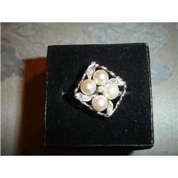 14K White Gold Cultured Pearls & Diamond Ring #1316627