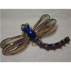 14K Vermeil Turquoise Enamel Dragonfly Brooch #1316657