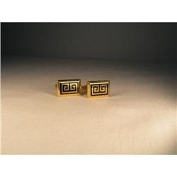 Estate 14K YG Enamel Greek Key Mens Cufflinks #1316921