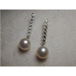 14K WG Cultured Pearl Diamond Bar Drop Earrings#1316926