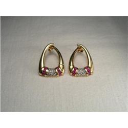 Estate 14K YG Gold Diamond Ruby Hoop Earrings #1316927