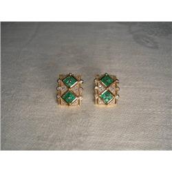 Estate 14K YG Emerald Diamond Mosaic Earrings #1316936