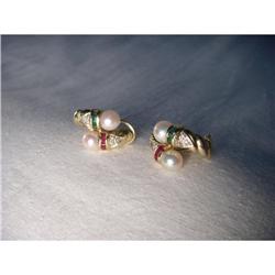 14K YG Ruby Emerald Diamond Pearl Earrings #1317008