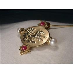 14K YG Ruby Pearl Etruscan Pendant Brooch #1317019