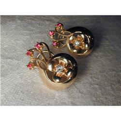 Estate 14K Pink Rose Gold Ruby Diamond Earrings#1317035