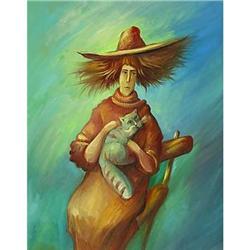 Funny "Princess with Cat" impressionism oil #1337609