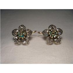 Antique 18K Pink Gold Diamond Emerald Earrings #1355495