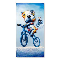 Wang, "Biking Brothers" Hand Painted Limited Edition Bas Relief Sculpture, Numbered 1/5, Hand Signed